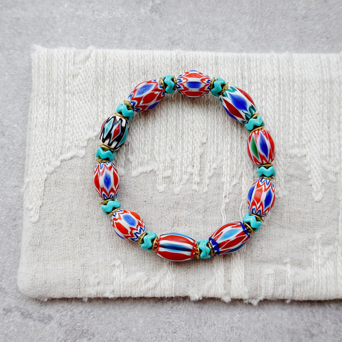 オールドビーズ ヘンプ ブレスレット/レッドシェブロン とんぼ玉 ハンドメイド オールドビーズ ヘンプ ブレスレット/レッドシェブロン とんぼ玉