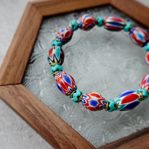 S034-2 シェブロンビーズ とんぼ玉 天然石 ネパール銅 一点物