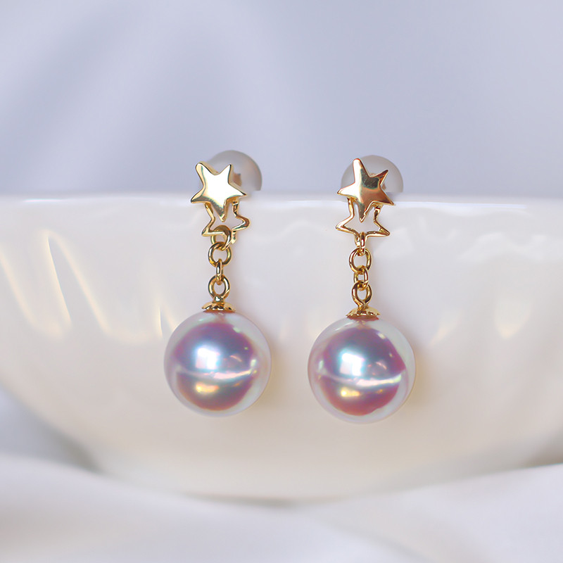 【La Corser】日本製 7.5-9.5mm アコヤ真珠 天然海水真珠ピアス 星型 18Kゴールドデザイン 完璧なラウンド型