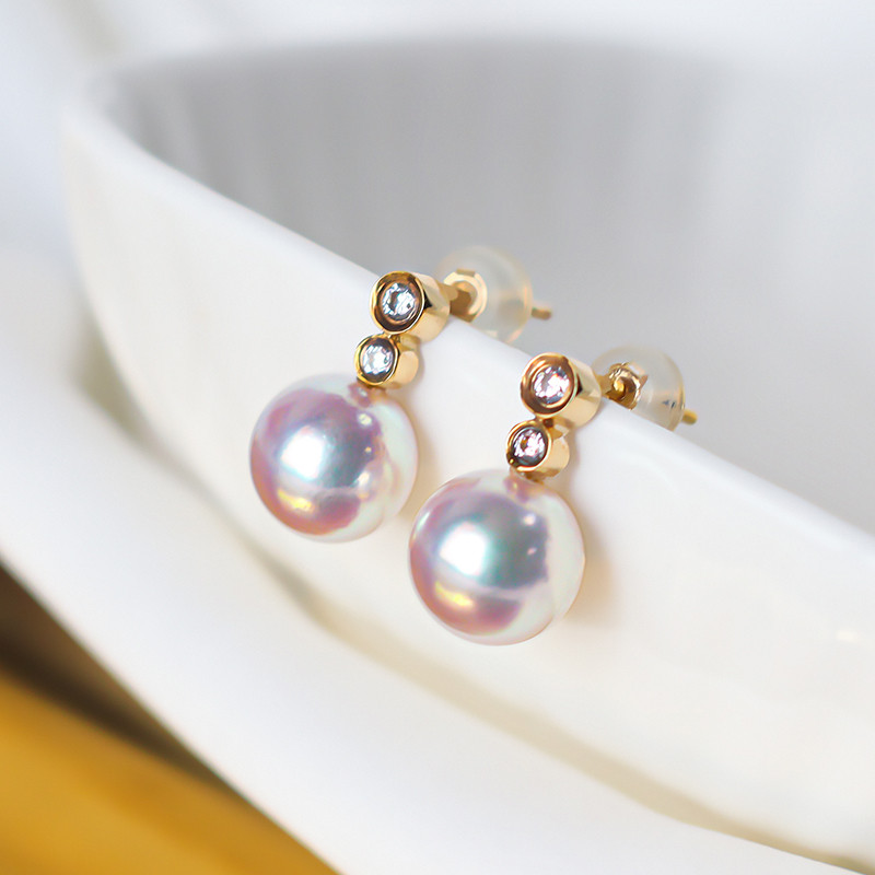 【La Corser】日本製 7-9.5mm アコヤ天然海水真珠ピアス イヤリング 18Kゴールド ラウンド型 強い光 ファッシ