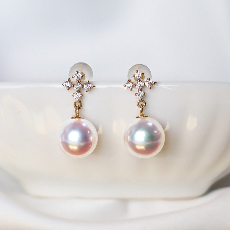 【La Corser】日本製 7-9.5mm アコヤ真珠 天然海水真珠ピアス 18Kゴールド ラウンド型 非常に明るいピアス（女