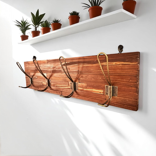 天然木の4連フック 壁掛け ハンガーラック ヴィンテージ風 コート