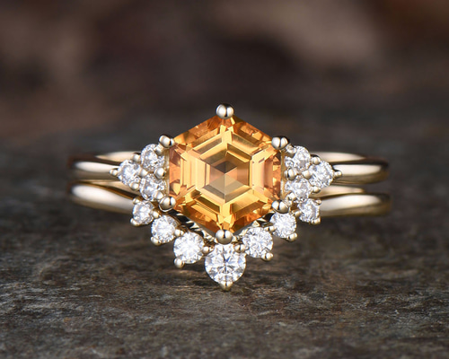 イエローゴールド 11月の誕生石 天然シトリン リングセット