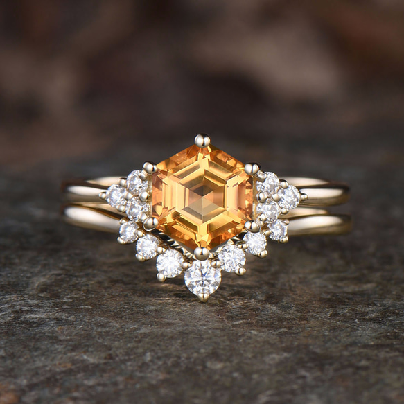 イエローゴールド 11月の誕生石 天然シトリン リングセット