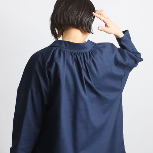 夏／最終ＳＡＬＥ　上質ギマ擬麻コットン　Vネック スキッパー ロング シャツ ワンピース　ゆったり 重ね着　ネイビー R44A 夏／最終SALE ギマ擬麻コットン Vネック スキッパー ロング