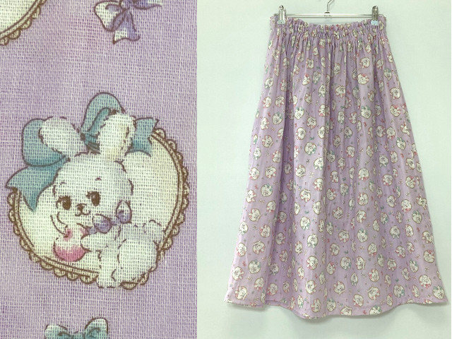 うさぎ　ダブルガーゼ　79cm丈　おうちスカート　ラベンダー　綿100　ゴムウエスト　フリーサイズ