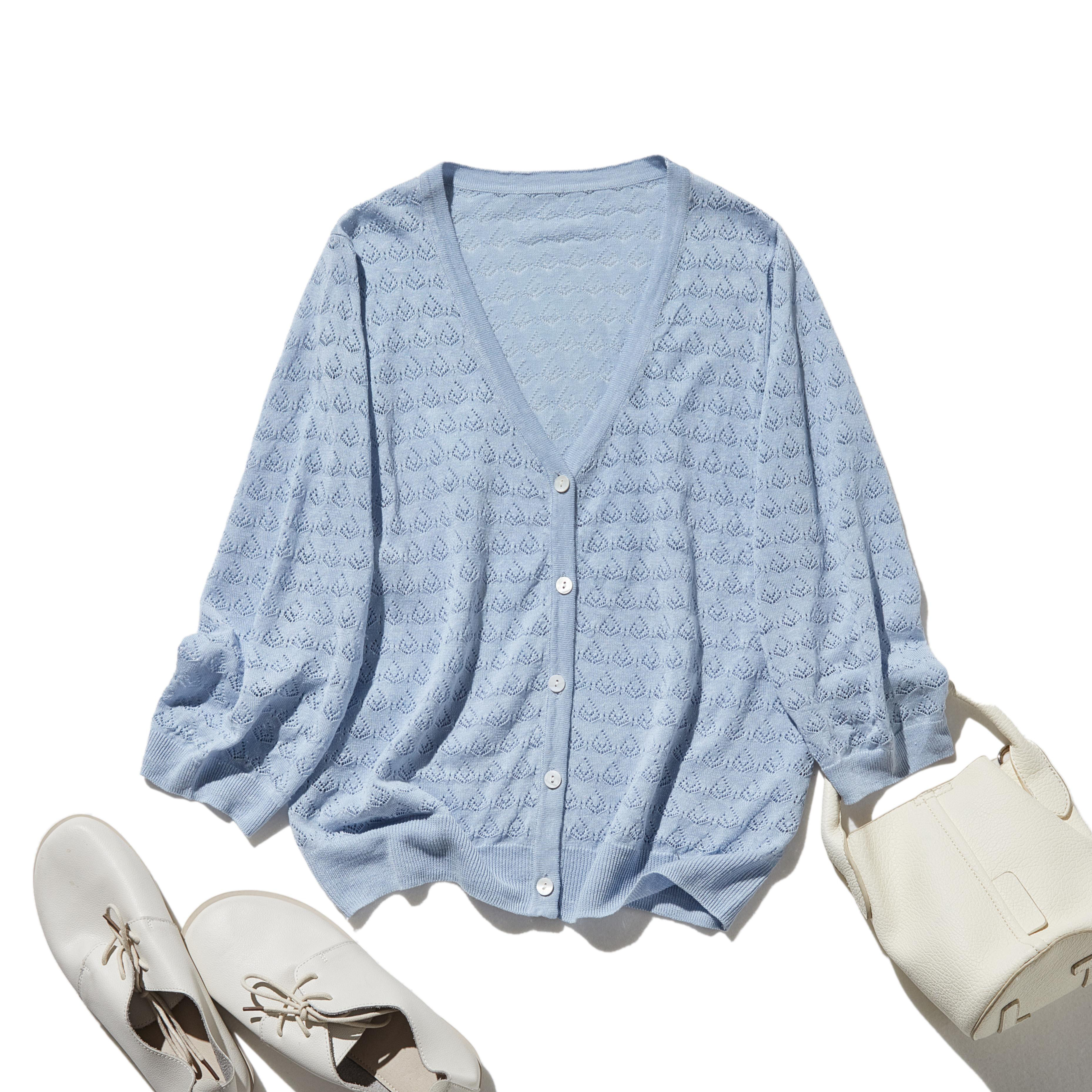 ★即納★夏の冷房対策に◎ シンプルながら個性が光る万能アイテム 透かし編みカーディガン　水色　250613-3