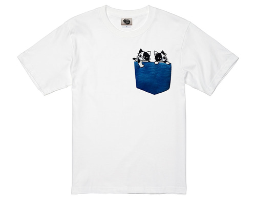 フェイクポケットから顔を出す黒白猫Tシャツ 発泡プリント 白T 男女