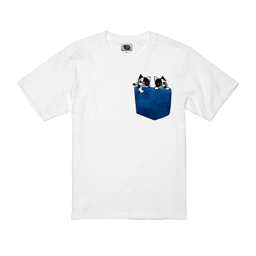 フェイクポケットから顔を出す黒白猫Tシャツ 発泡プリント 白T 男女