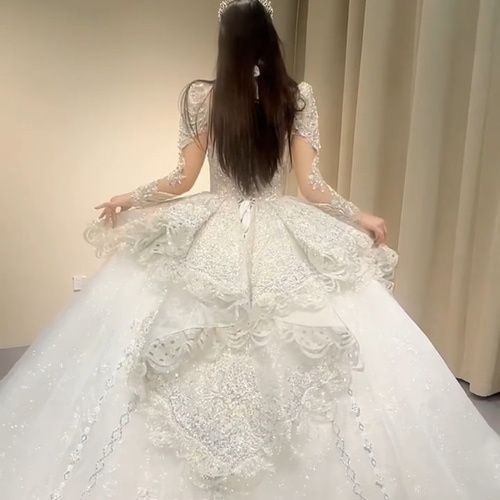 憧れのドレス 蝶々 長袖 ホワイト ふわふわチュール 韓国風 華やかな