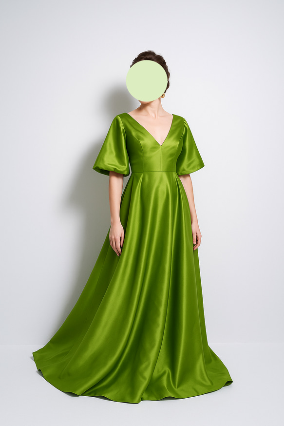 送料無料！パーティードレス グリーン Vネックドレス ファスナー