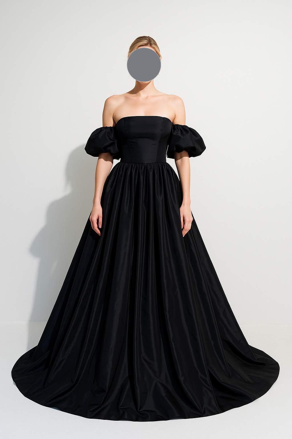 送料無料！パーティードレス ブラック パフスリーブ 光沢サテン スレンダーライン 前撮り 2次会/合コン/デート