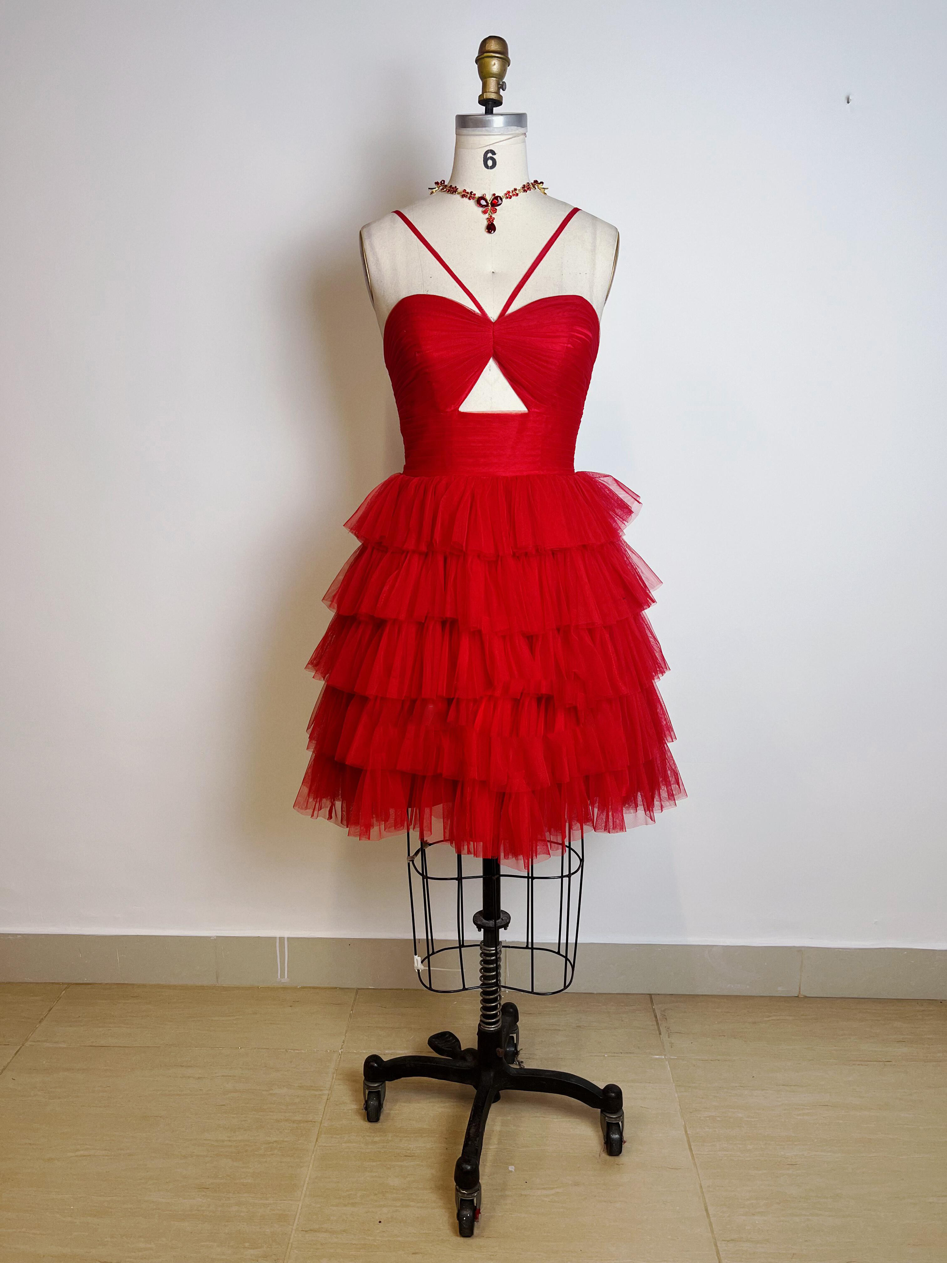 大人気　カラー変更可能　ミニドレス　レッド　チュール　ギャザー　多層チュール　衣装ステージ音楽会成人式卒業式コンテスト