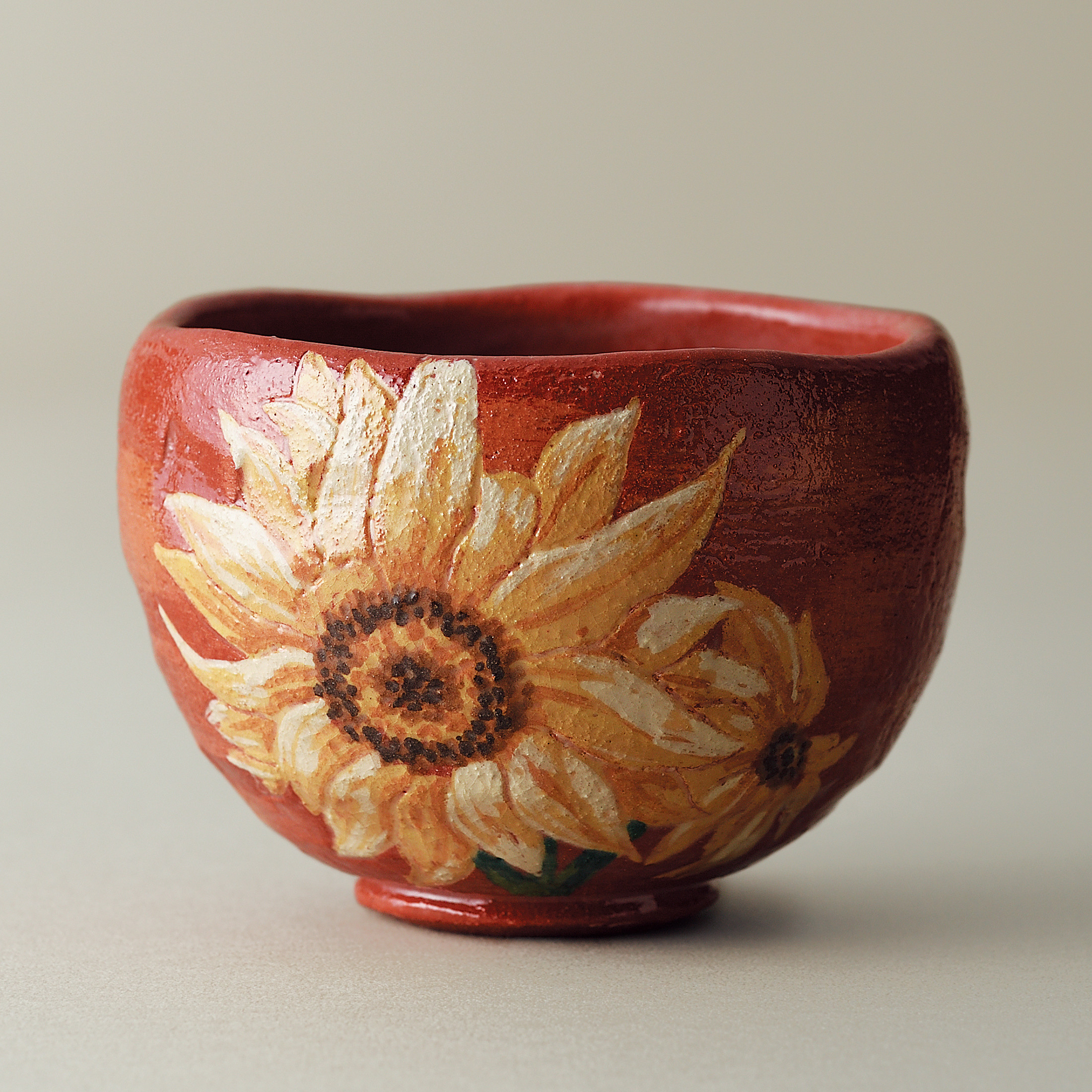 2025夏  新作 楽焼〚赤楽 ひまわり〛抹茶碗　楽入印　贈り物　茶道具　季節茶碗