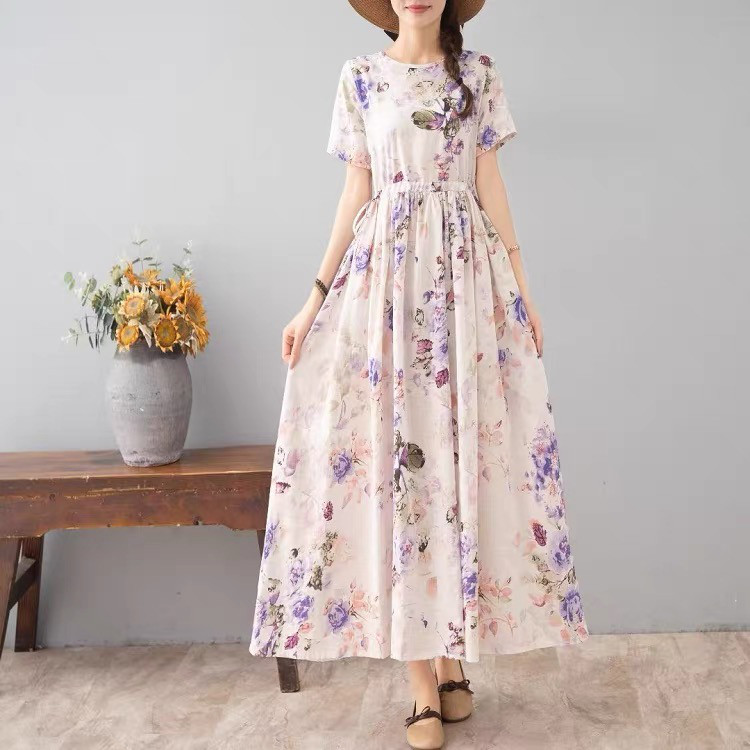 ワンピース、夏、レディース、 ゆったり、半袖、コットンリネン、花柄