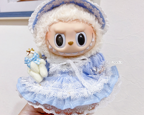 水色labubu ハワイアンデザイン38cmぬいぐるみ JANAYA ハンドメイド labubuぬいぐるみ服 水色ワンピース 4点