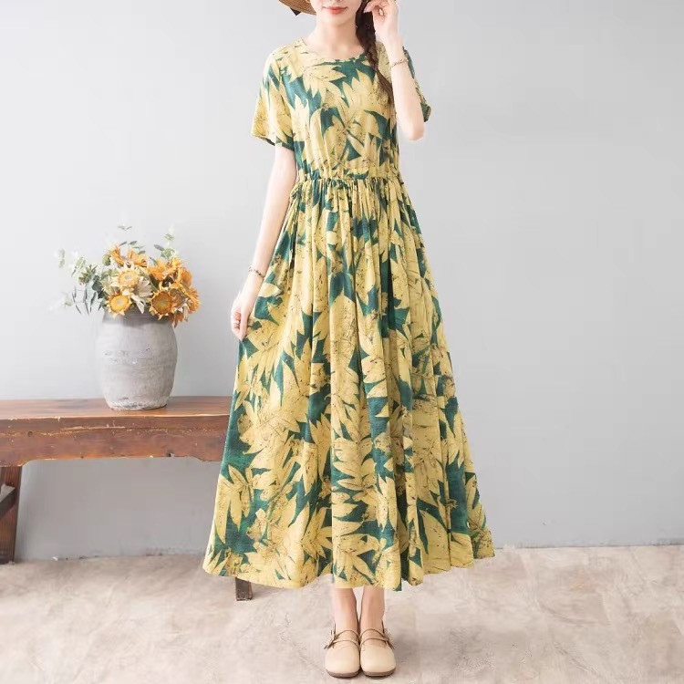 ワンピース、夏、レディース、 ゆったり、半袖、コットンリネン、花柄