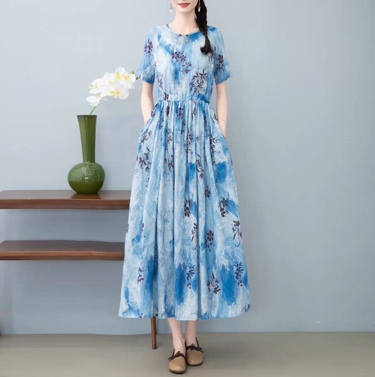 ワンピース、夏、レディース、 ゆったり、半袖、コットンリネン