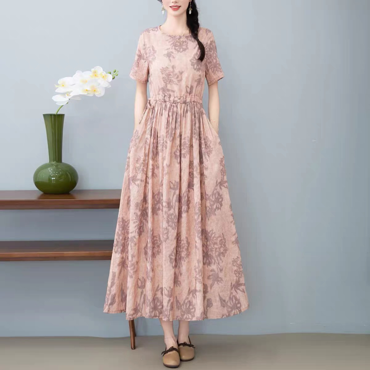 ワンピース、夏、レディース、 ゆったり、半袖、コットンリネン