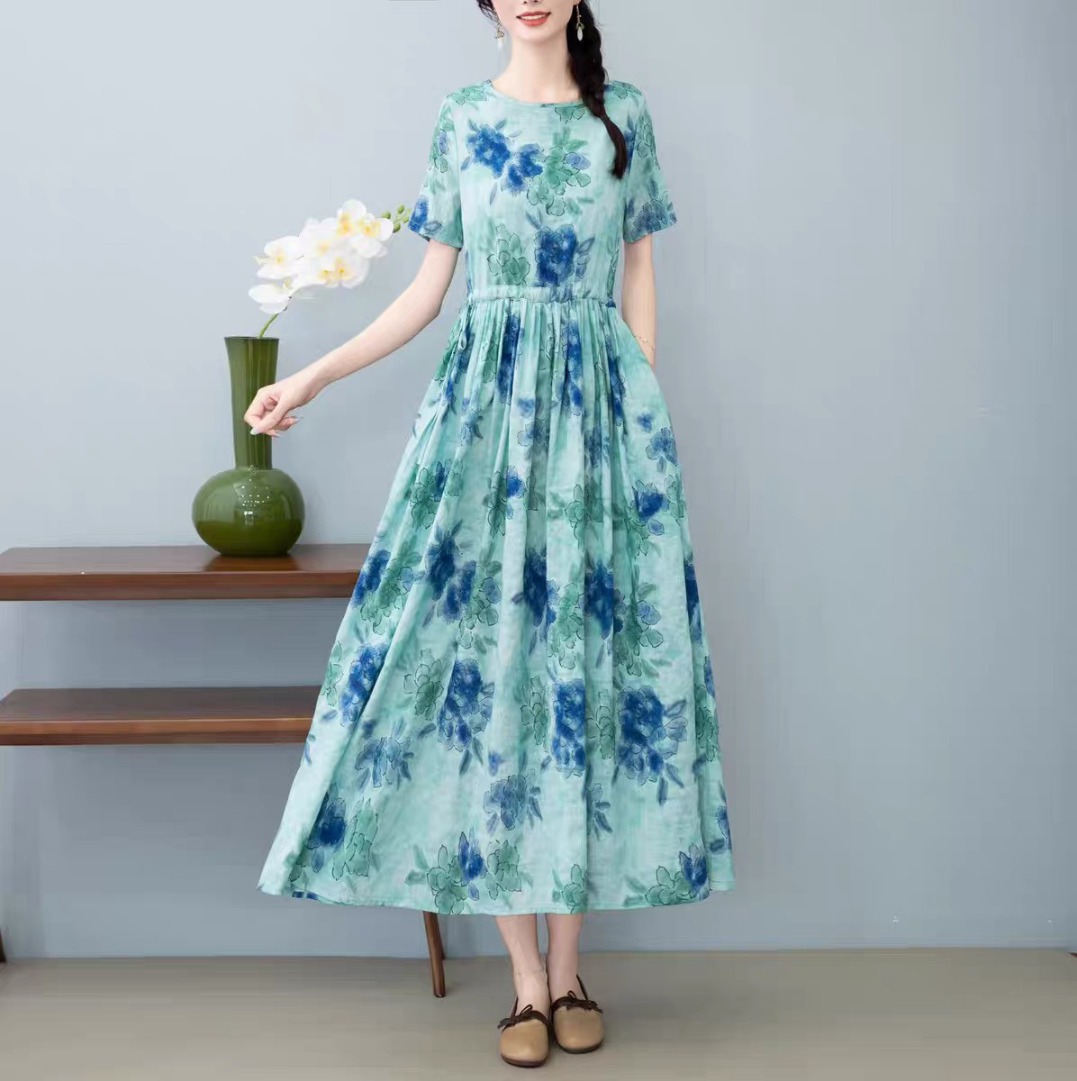 ワンピース、夏、レディース、 ゆったり、半袖、コットンリネン