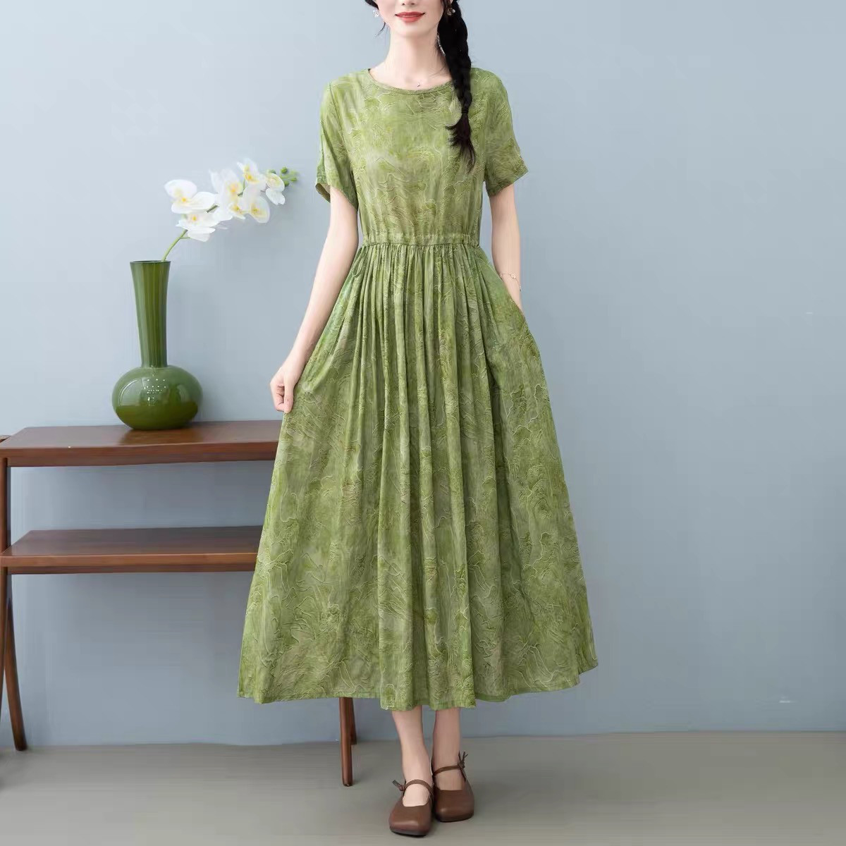 ワンピース、夏、レディース、 ゆったり、半袖、コットンリネン