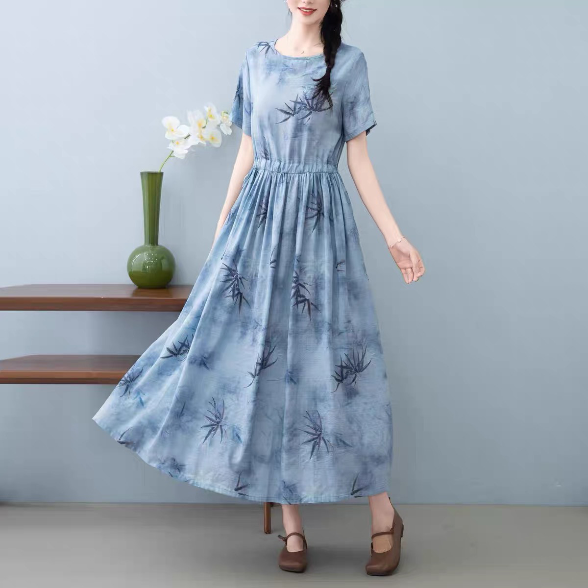 ワンピース、夏、レディース、 ゆったり、半袖、コットンリネン