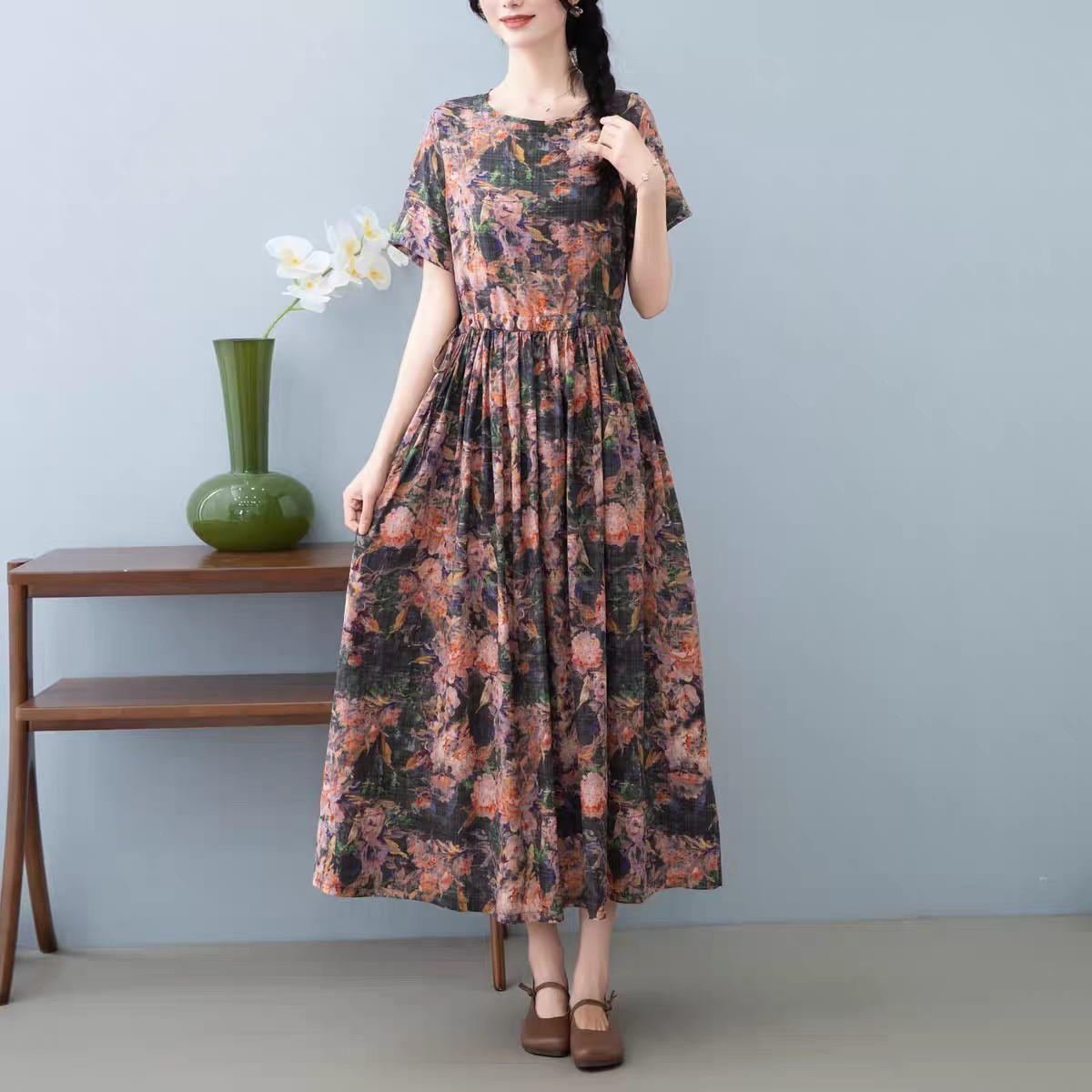 ワンピース、夏、レディース、 ゆったり、半袖、コットンリネン、花柄