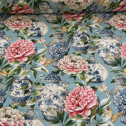 スペイン コットンファブリック ジンジャーポット柄 芍薬 花鳥柄