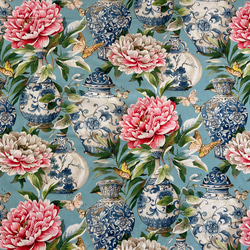 スペイン コットンファブリック ジンジャーポット柄 芍薬 花鳥柄
