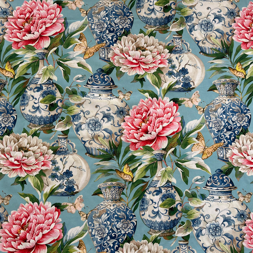 スペイン コットンファブリック ジンジャーポット柄 芍薬 花鳥柄