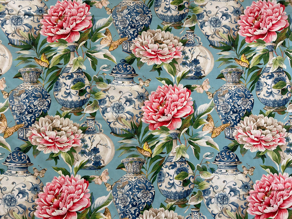 スペイン コットンファブリック ジンジャーポット柄 芍薬 花鳥柄