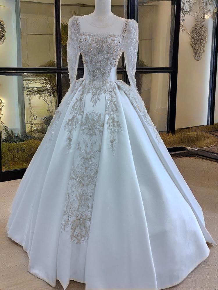 ヴィンテージスクエアネック 立体花パーツレース 長袖 ウエディングドレス おしゃれ上級者に人気 結婚式 D111