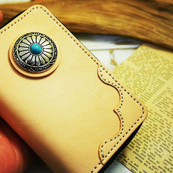 レザータバコケース ターコイズコンチョ ラウンドファスナー 小物入れ ハンドメイド 姫路レザー 牛本ヌメ革 生成ヌメタン 9枚目の画像