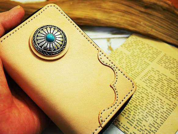 レザータバコケース ターコイズコンチョ ラウンドファスナー 小物入れ ハンドメイド 姫路レザー 牛本ヌメ革 生成ヌメタン 9枚目の画像