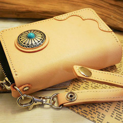 レザータバコケース ターコイズコンチョ ラウンドファスナー 小物入れ ハンドメイド 姫路レザー 牛本ヌメ革 生成ヌメタン 8枚目の画像