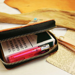 レザータバコケース ターコイズコンチョ ラウンドファスナー 小物入れ ハンドメイド 姫路レザー 牛本ヌメ革 生成ヌメタン 4枚目の画像