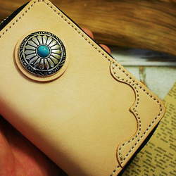 レザータバコケース ターコイズコンチョ ラウンドファスナー 小物入れ ハンドメイド 姫路レザー 牛本ヌメ革 生成ヌメタン 7枚目の画像