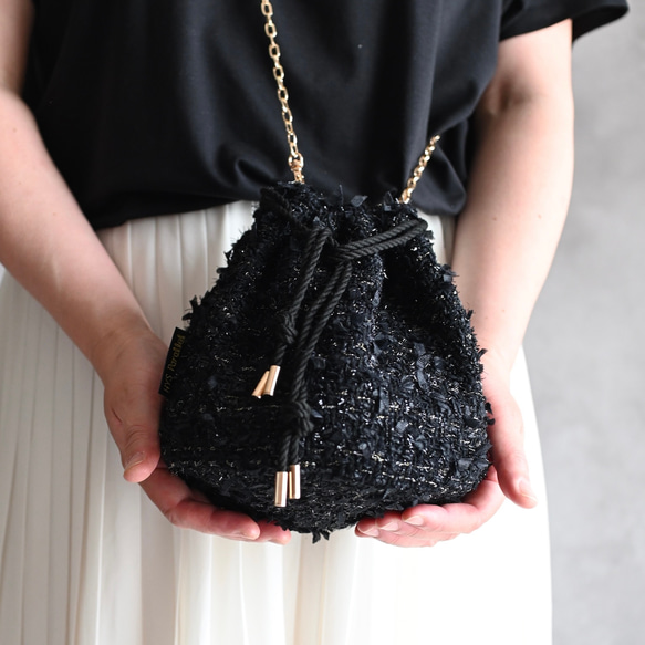 きらめき尾州ブラックツイードドローストリングバッグ 3枚目の画像