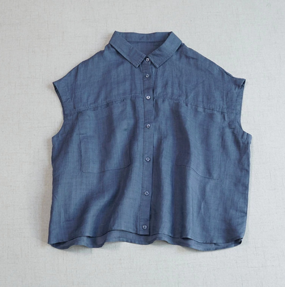 【受注製作】ラミー麻.オフショルダー ノースリーブシャツ ゆったり着やすい 大容量ポケット付き シングルボタン 夏用 レ 2枚目の画像