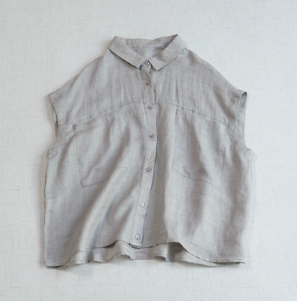 【受注製作】ラミー麻.オフショルダー ノースリーブシャツ ゆったり着やすい 大容量ポケット付き シングルボタン 夏用 レ 4枚目の画像