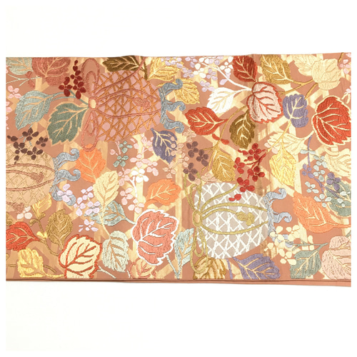正絹 袋帯 二部式 唐織刺繍 ピンクベージュ 二重太鼓 作り帯