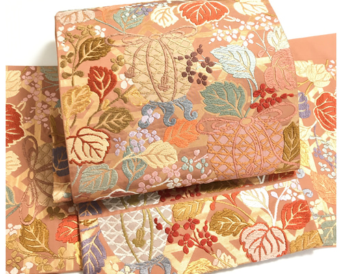 正絹 袋帯 二部式 唐織刺繍 ピンクベージュ 二重太鼓 作り帯