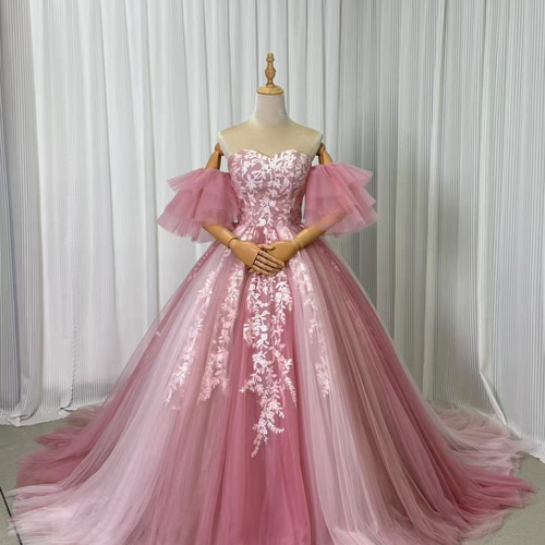 フリル袖ピンクカラードレス カラードレス ピンク フリル袖 バックレス 編み上げ 披露宴/結婚式