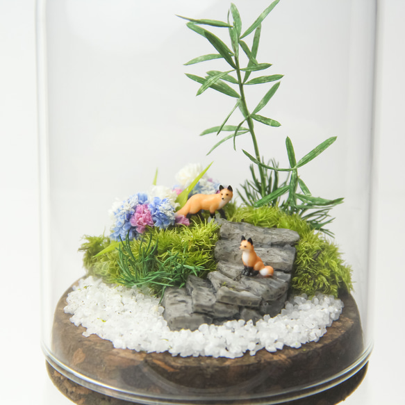 【夏のお供に】紫陽花の箱庭　キツネ２匹[M／７５φ]【暑中お見舞いギフトにも◎】 1枚目の画像