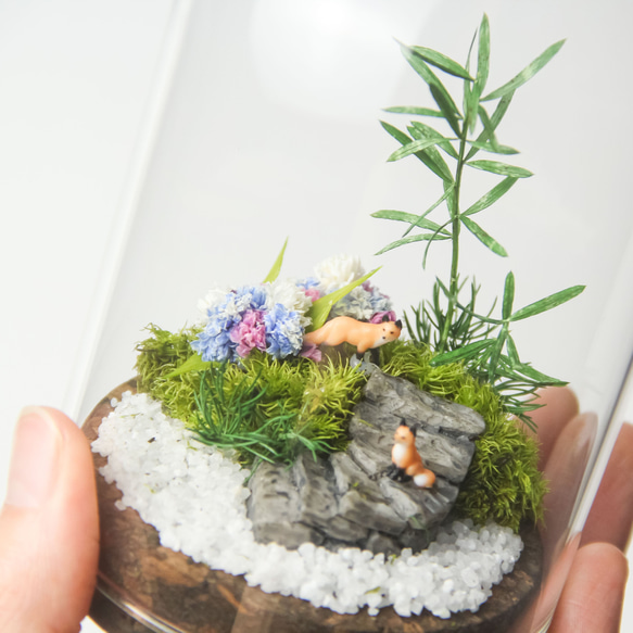 【夏のお供に】紫陽花の箱庭　キツネ２匹[M／７５φ]【暑中お見舞いギフトにも◎】 2枚目の画像