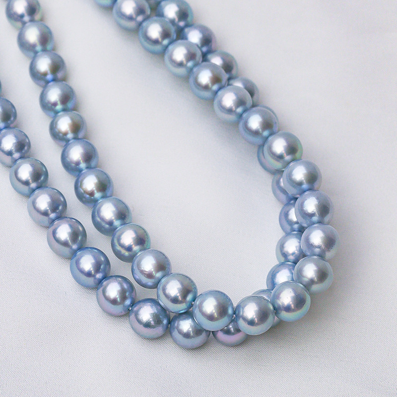 【La Corser】日本製 7.5-9mm アコヤ真珠 珍珠 シルバーグレーブルー 海水真珠ネックレス ラウンド型 強い光 天