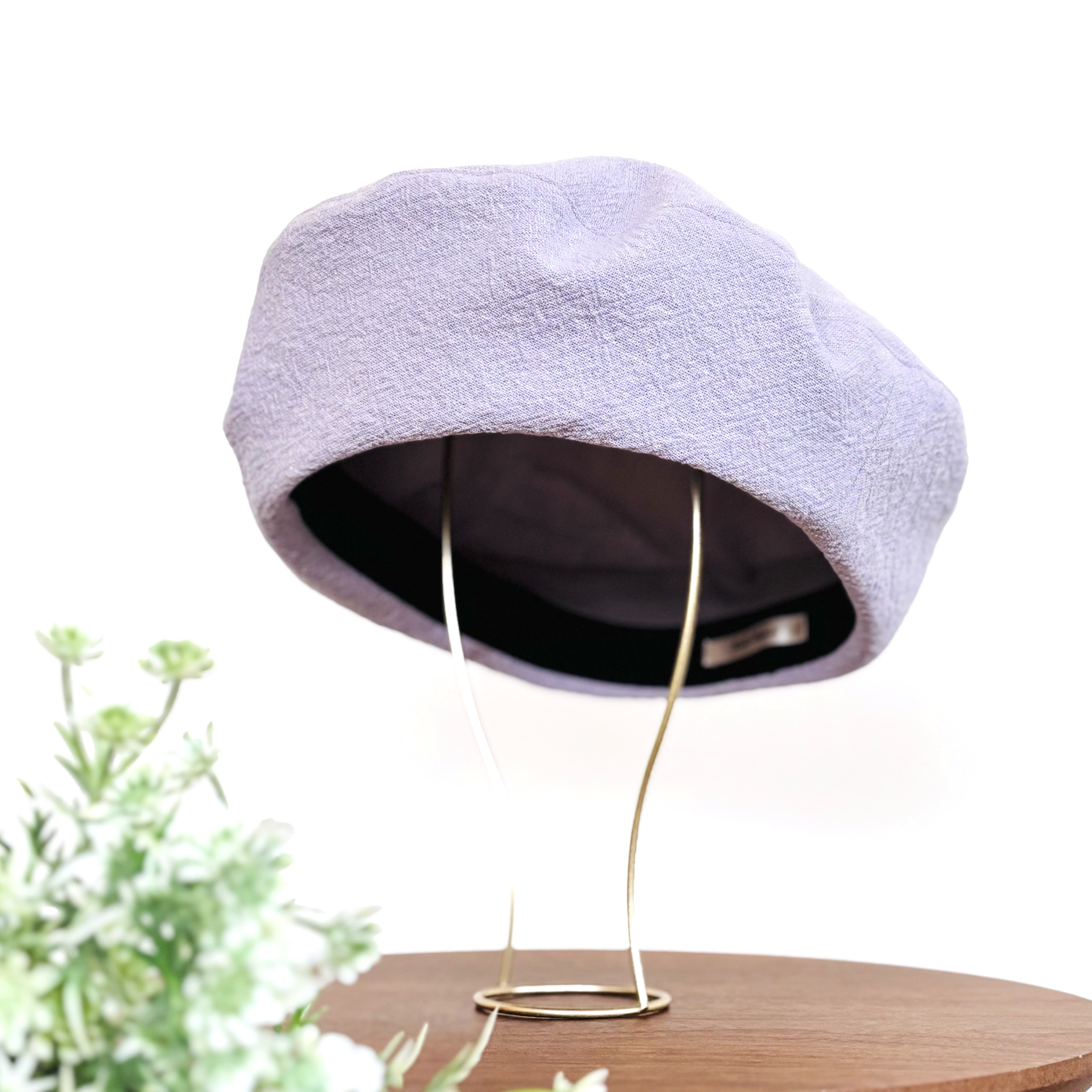 【優しいラベンダー色のシンプルな綿麻ベレー帽　春夏レディース帽子】リネン　大きい　上品　きれいめ　ギフト　藤色　薄紫