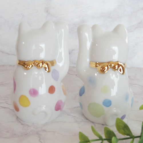 水玉模様の招き猫（ペア） 磁器 ポーセラーツ 招き猫 fee des neiges