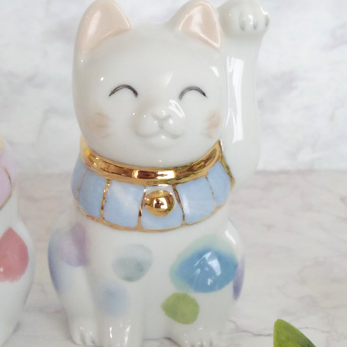 水玉模様の招き猫（ペア） 磁器 ポーセラーツ 招き猫 fee des neiges