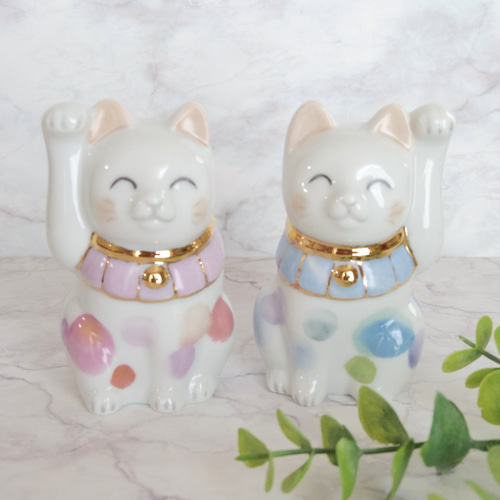 水玉模様の招き猫（ペア） 磁器 ポーセラーツ 招き猫 fee des neiges 